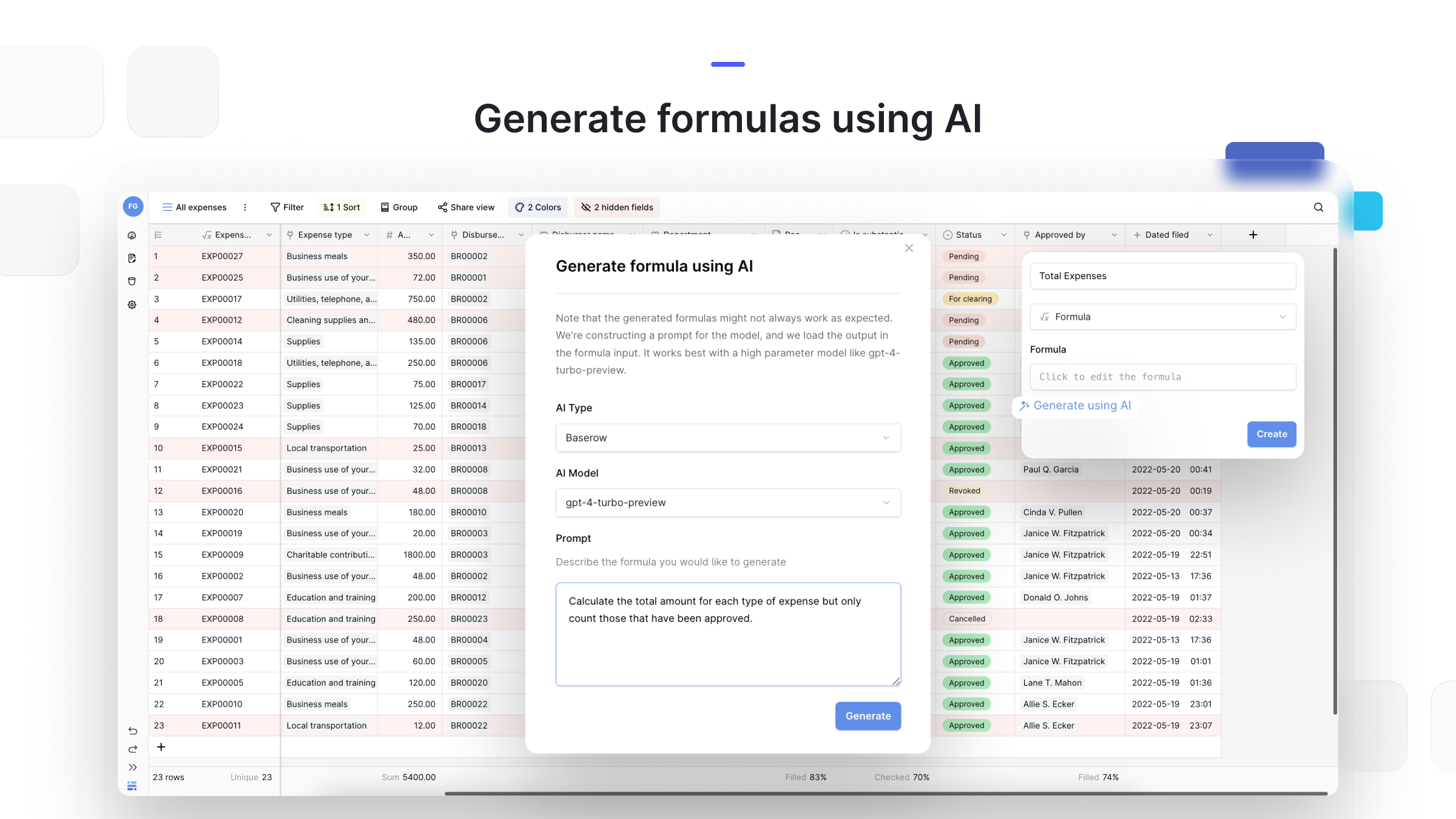 Generate formula with AI baserow